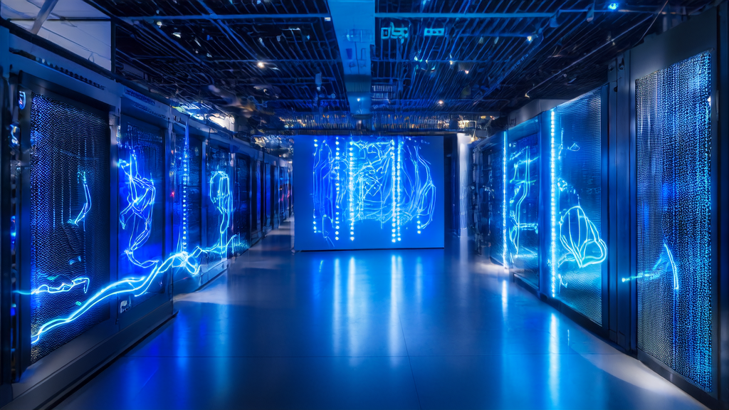 AI customer prediction model running efficiently in a data center, processing cross-border e-commerce customer data for precise screening and reducing ineffective investment