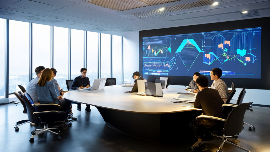 现代办公室中，团队成员围绕AI客户预测模型进行数据分析和讨论，背景展示OceanBase seekdb的实时数据处理。