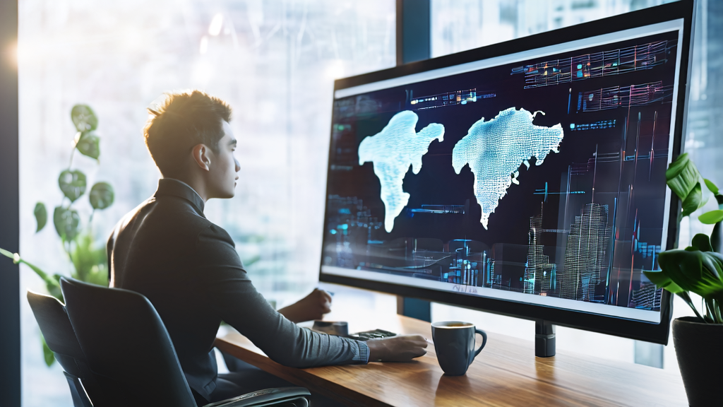 年轻创业者在现代化办公室中使用AI客户预测模型进行高效获客