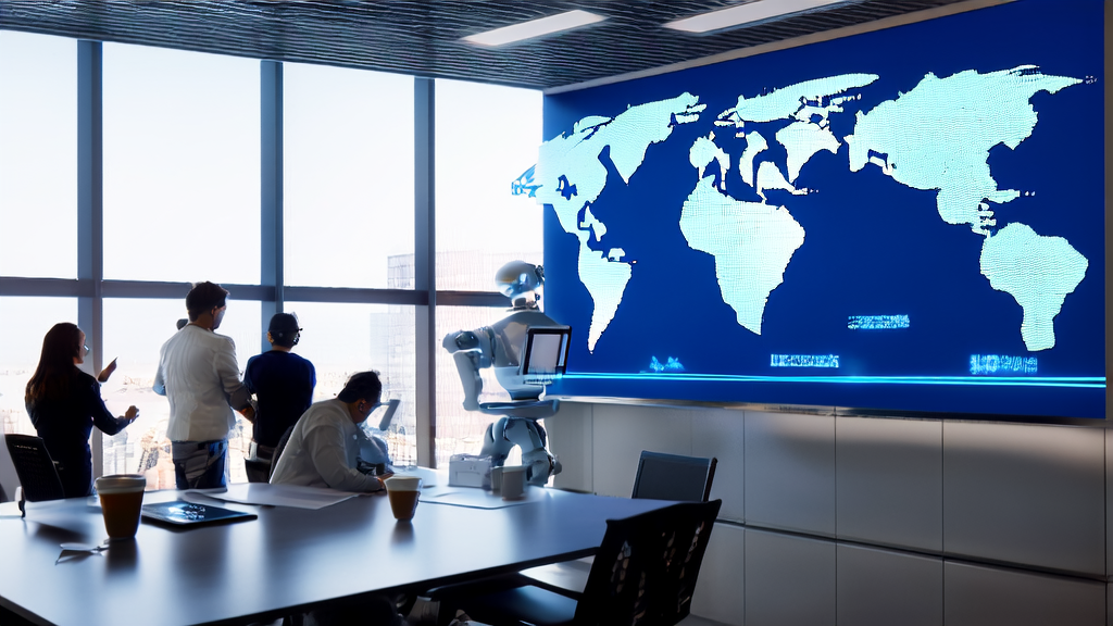 现代化办公室内,员工们利用AI客户预测模型优化邮件营销策略,阳光透过窗户洒进,智能机器人协助工作。