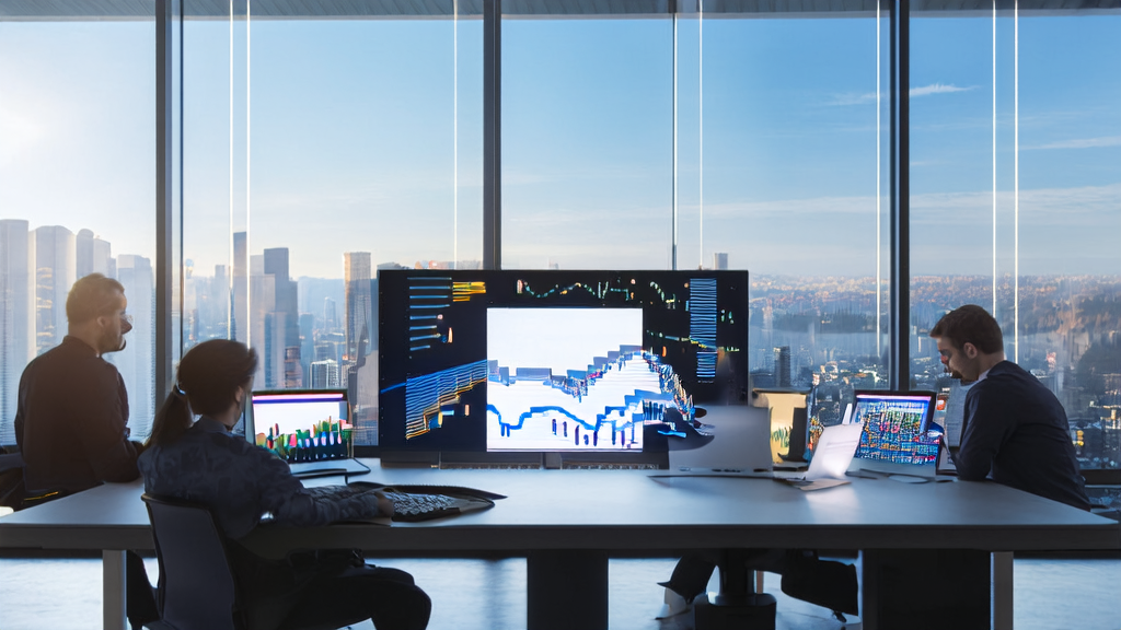 现代化办公室中员工利用AI客户预测模型优化外贸邮件营销策略