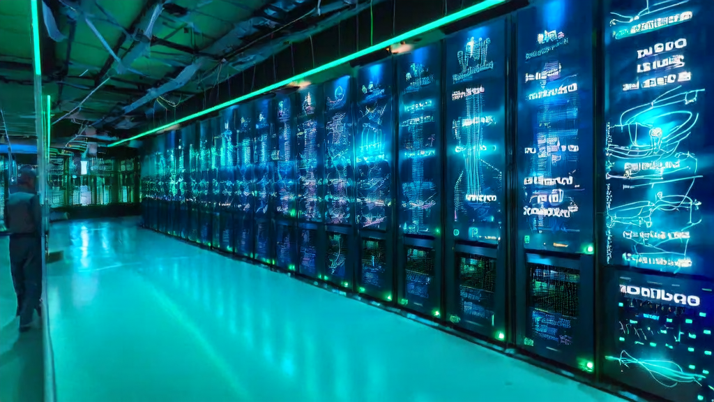 Tech professionals analyzing customer data using AI prediction models in a corporate data center