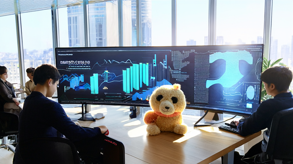 Modern office with young professionals discussing AI customer prediction model, featuring a wool felt panda wearing a wide-brimmed hat on the table