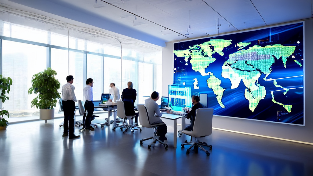 Data scientists discussing an AI customer prediction model in a modern office setting, with a world map of cross-border commerce markets and real-time data analysis in the background.