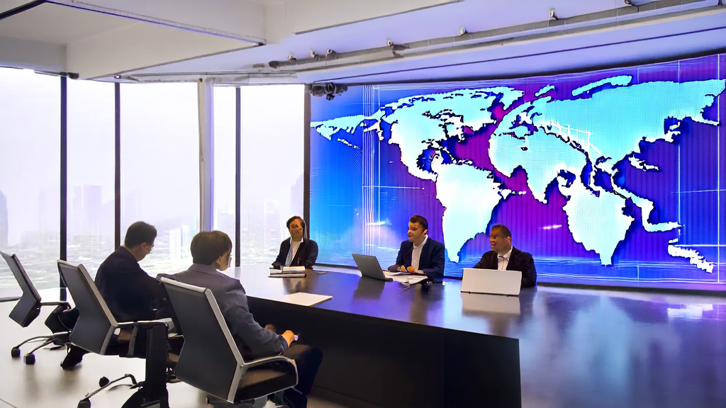 在阳光照射下的现代化办公室中，团队成员正围绕AI客户预测模型进行讨论，以优化跨境电商平台的营销策略。