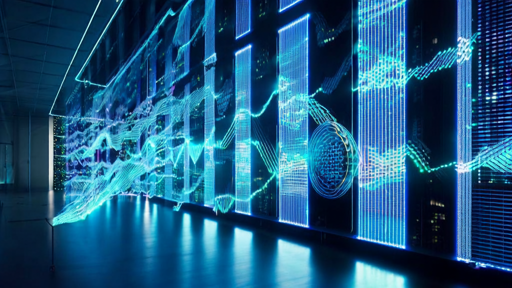 In a futuristic data center, technicians monitor the operation of an AI customer prediction model in real-time, with global market dynamics and customer behavior analytics displayed on screens.