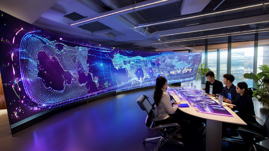 A cross-border e-commerce team discussing strategies in a sunlit office using AI customer prediction model