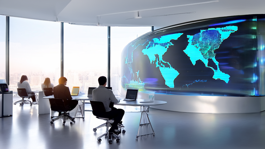 Data scientists in a modern office using AI customer prediction model to analyze cross-border commerce market trends