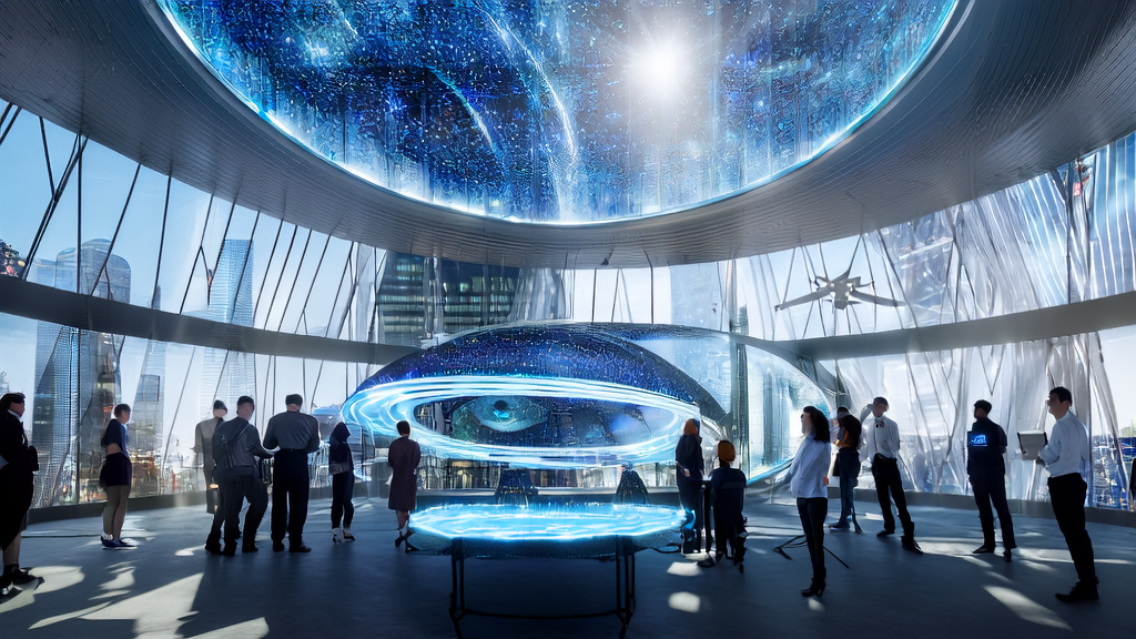 未来城市的商务中心，创业者们正在使用AI客户预测模型进行市场分析，Claude Opus4.5机器人辅助决策