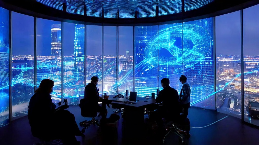 In a modern office building in a futuristic tech city, data scientists use an AI customer prediction model to analyze global cross-border commerce markets, with autonomous vehicles and skyscrapers visible outside the window.