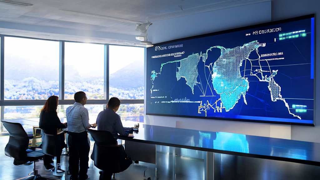 Data scientists discussing AI customer prediction models in a modern office with a world map and sunlight streaming in.