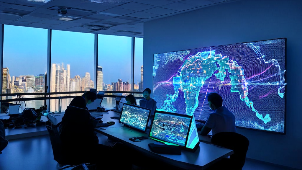 工程师们在办公室中使用AI客户预测模型进行数据分析，背景是全球市场地图和软银增资OpenAI的新闻。