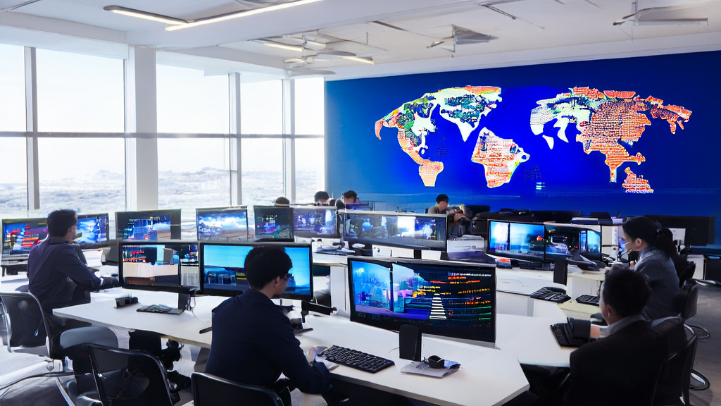 In a sunlit modern office, employees are using an AI customer prediction model for cross-border commerce data analysis.