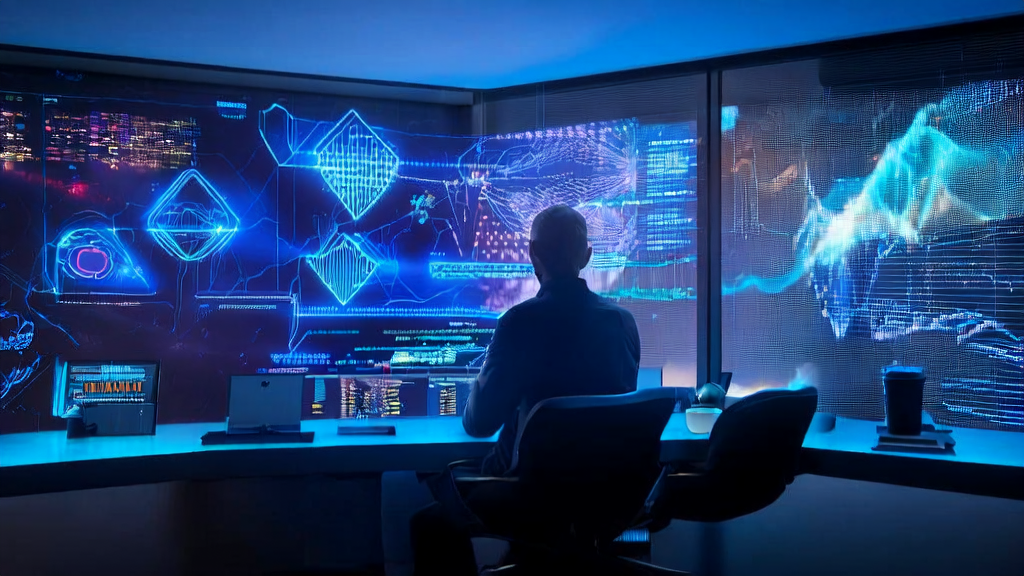 A data scientist in a futuristic cross-border e-commerce office using an AI customer prediction model for precise customer acquisition analysis