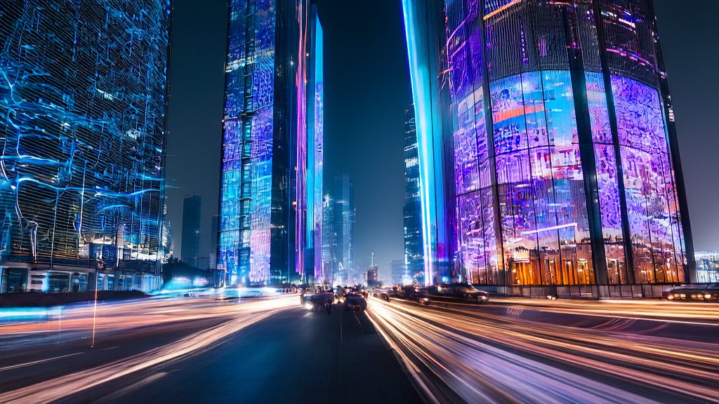 A futuristic city scene where cross-border e-commerce utilizes AI customer prediction models for precise customer acquisition