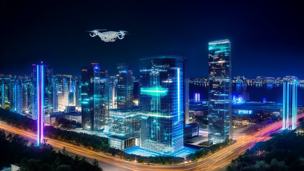 A futuristic city where a cross-border e-commerce company uses AI customer prediction models for hyper-personalized email marketing