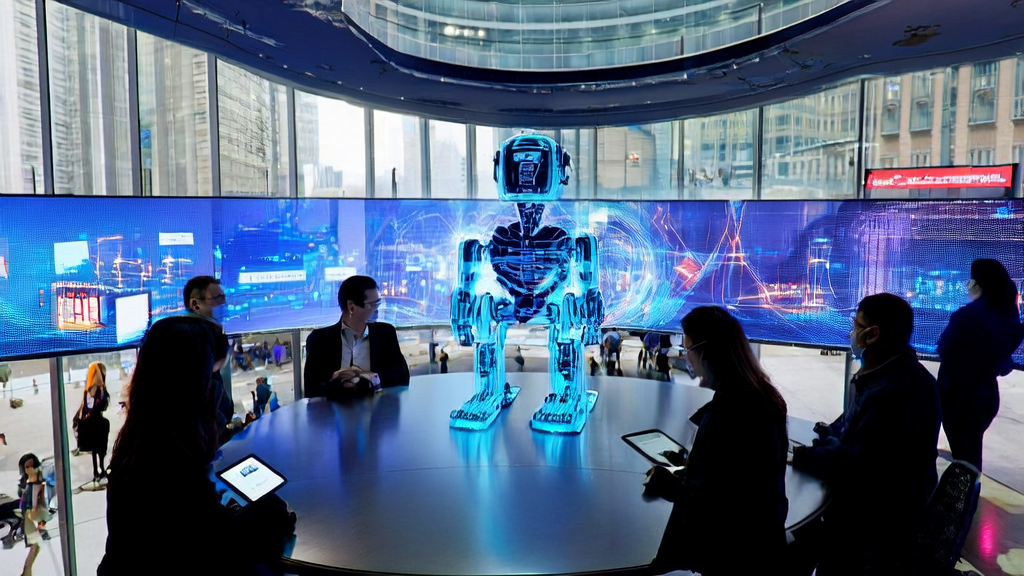 数据科学家们利用AI客户预测模型优化跨境电商广告投放策略,背景展示繁华城市街道和智能机器人分析实时数据。