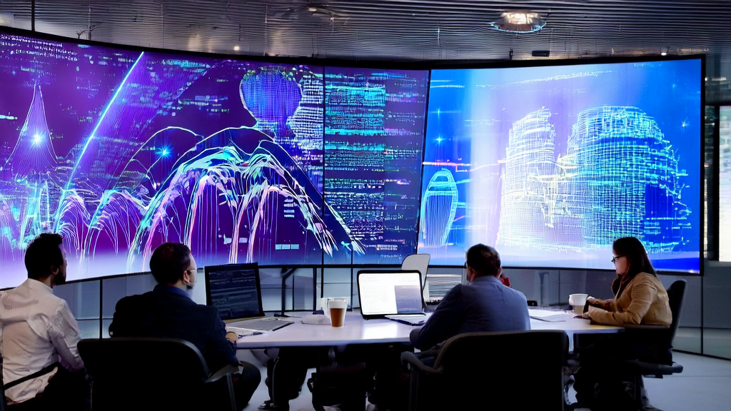 数据科学家们在现代化办公空间中讨论AI客户预测模型，利用复杂的数据分析筛选优质客户，提高跨境电商的转化率和客户满意度。