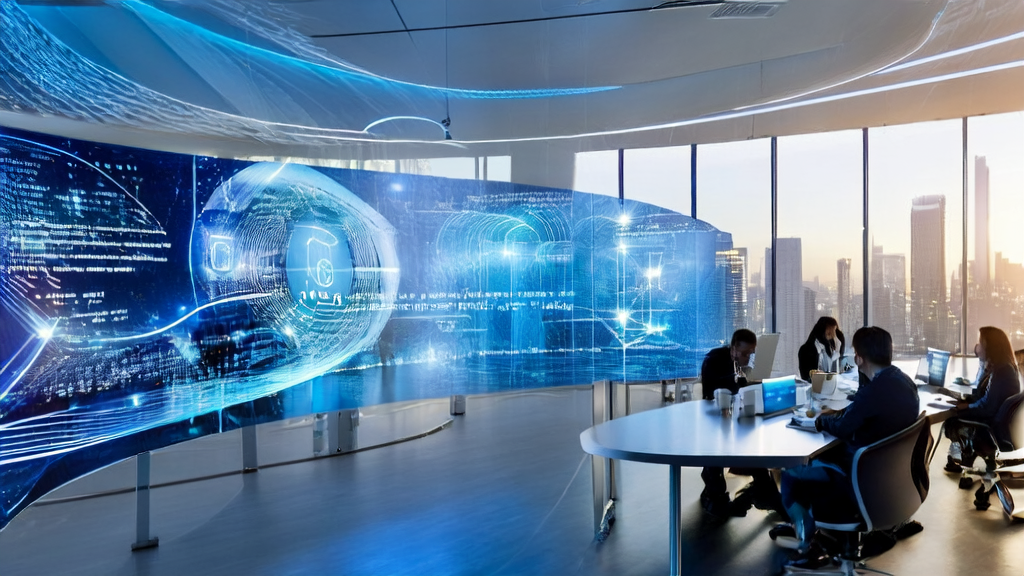 未来感办公室中数据科学家们正在研究2025年AI客户预测模型以助力跨境电商突破增长瓶颈