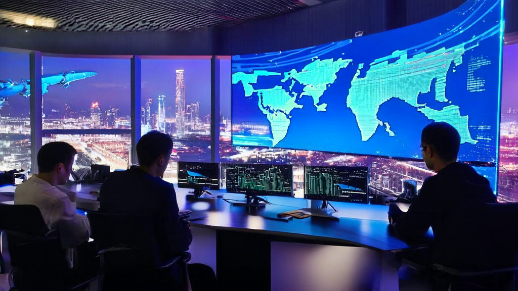 In a modern office, engineers are discussing AI customer prediction models with the city skyline in the background