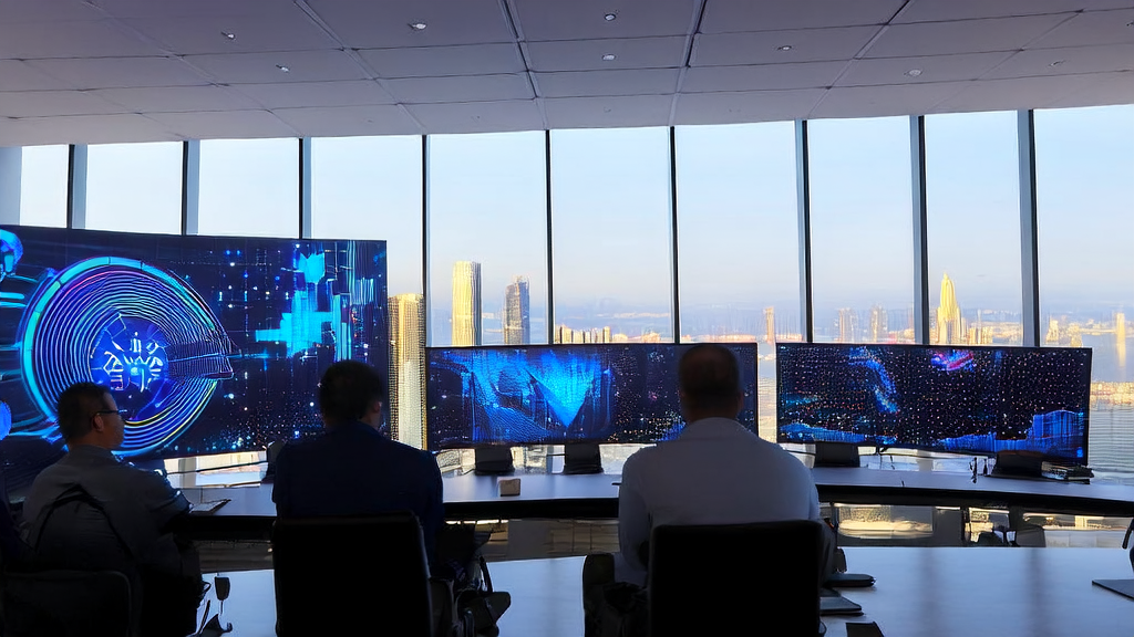 On a sunny morning, employees in a cross-border e-commerce office are using AI customer prediction models for data analysis, with real-time global market data displayed and the NVIDIA logo on the wall.