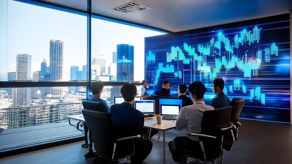 Young entrepreneurs analyzing cross-border e-commerce marketing strategies using AI customer prediction models in a modern office