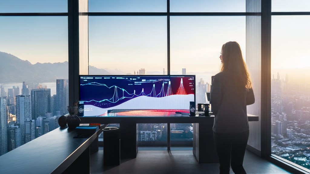 阳光明媚的早晨，电商创业者在现代化办公室中使用AI客户预测模型进行数据分析，墙上挂着VisualGPT的宣传海报。