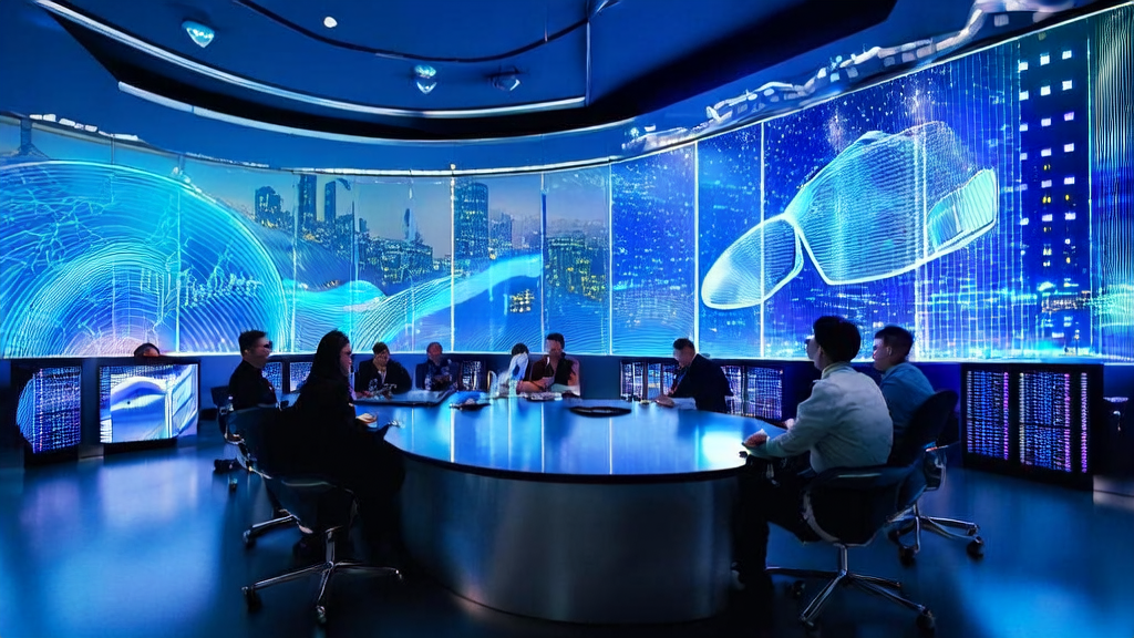 In a futuristic office, data scientists are analyzing cross-border e-commerce market dynamics using an AI customer prediction model