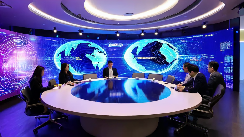 In a futuristic office, a team uses an AI customer prediction model for precise cross-border e-commerce customer acquisition analysis