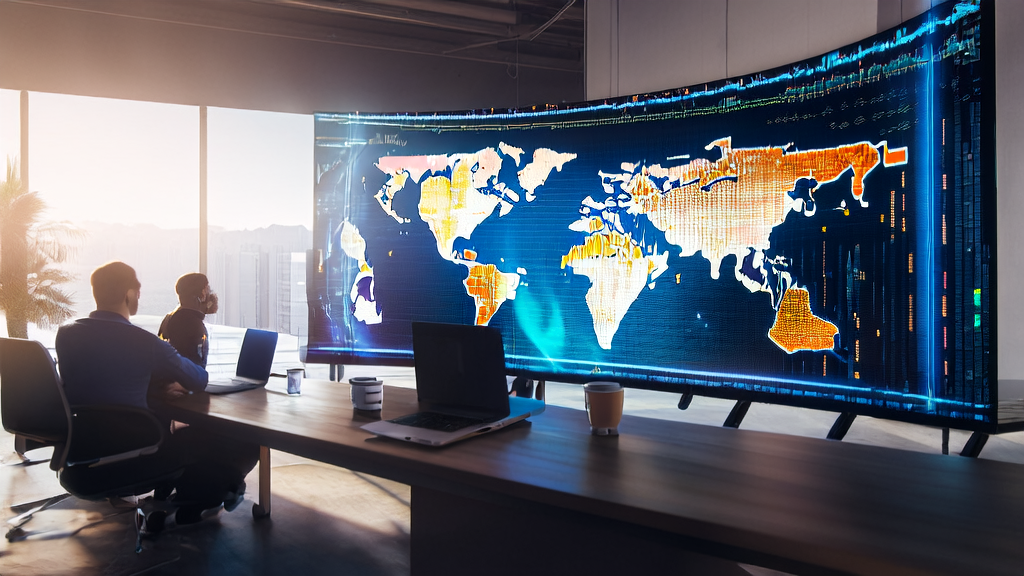 Data scientists are analyzing cross-border e-commerce sales data using an AI customer prediction model, with a bustling city view outside the window.