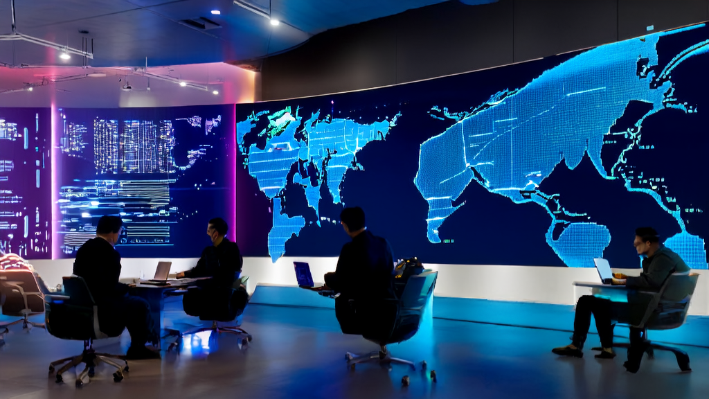 Engineers discussing AI customer prediction models in a futuristic office with a city night view background