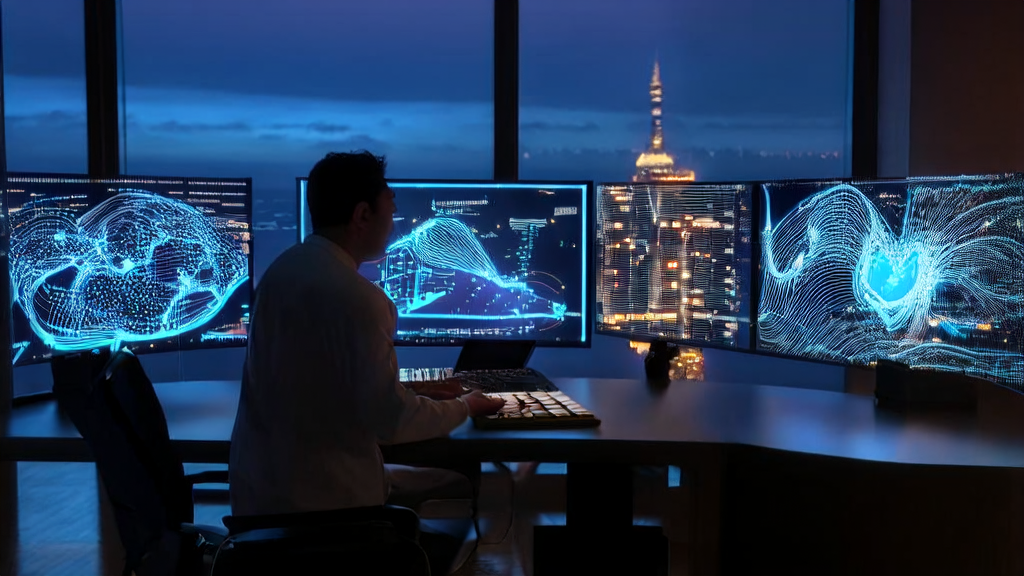 An oil engineer and a piano shop owner collaborating globally using AI customer prediction models and a novel generation tool