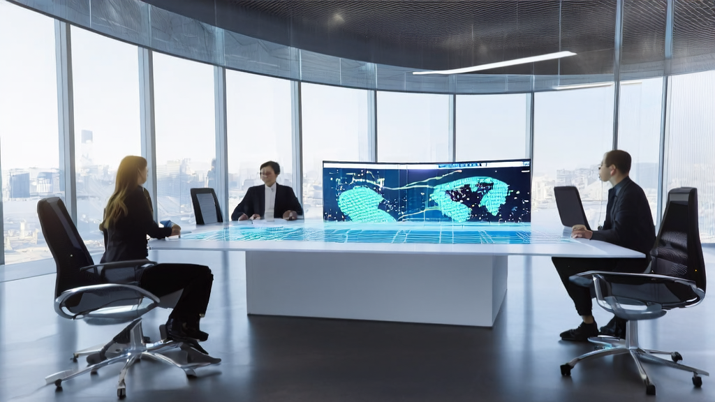 阳光照耀下的现代化办公大楼中，跨境电商营销专家正在讨论基于AI的高转化邮件策略。