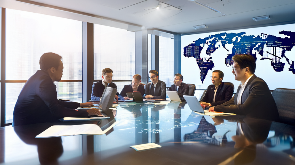 商务团队在现代化办公室中讨论AI客户预测模型的应用，展示其如何帮助外贸企业高效获客和减少无效投入。