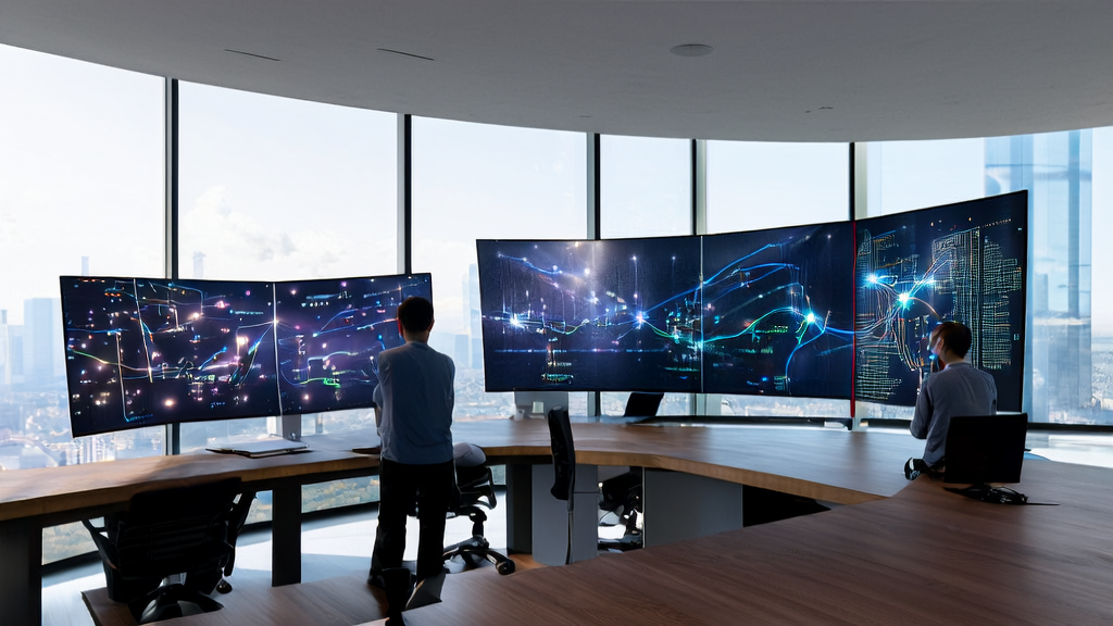 Data scientists in a modern office using an AI customer prediction model for data analysis, precisely screening high-quality customers, reducing ineffective investments, and achieving efficient conversion.