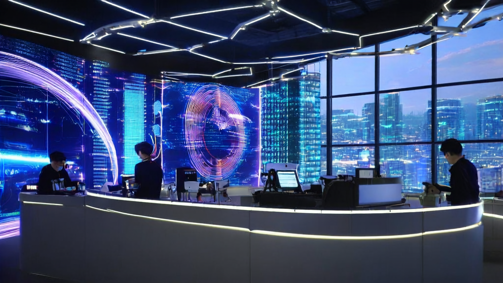 Engineers in a futuristic office using AI customer prediction models for cross-border acquisition analysis