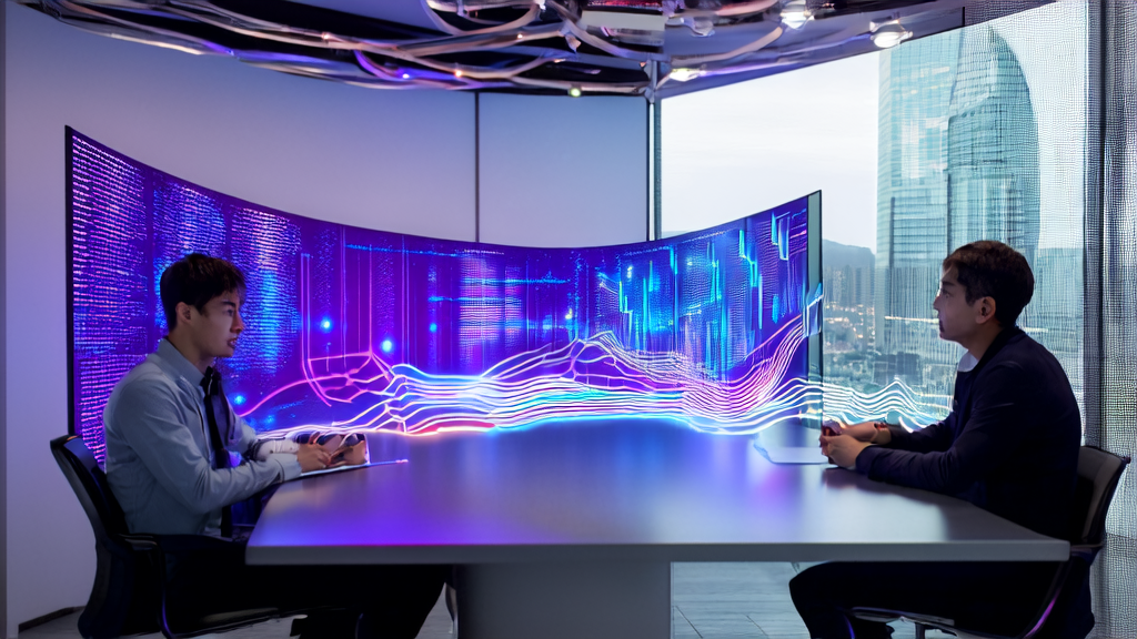 A team in a futuristic office discussing AI customer prediction models to optimize email marketing strategies