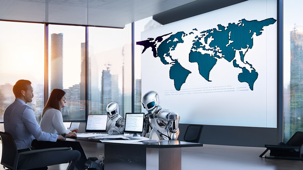 外贸企业的会议室中，商务人士使用AI客户预测模型进行数据分析，优化客户筛选过程，实现精准获客。