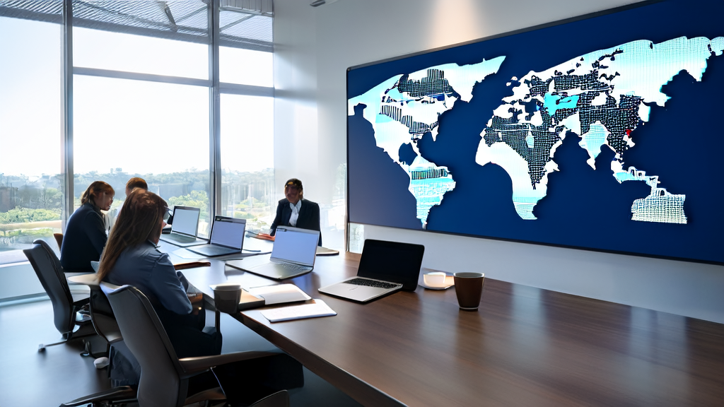 Export enterprise employees discussing the application of AI customer prediction models in a modern office, with a world map on the wall showing global business coverage.