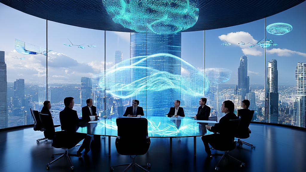 Executives of an export trade company discussing the application of AI customer prediction models, with a backdrop of a modern cityscape.