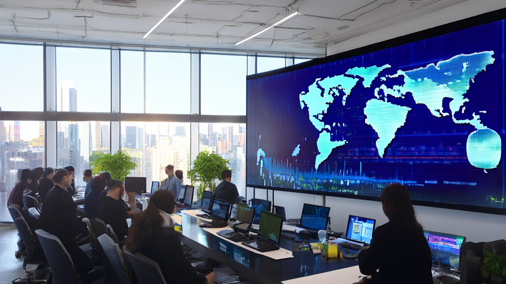 Export company using AI customer prediction model for efficient acquisition, sunlight streaming into a modern office through large windows