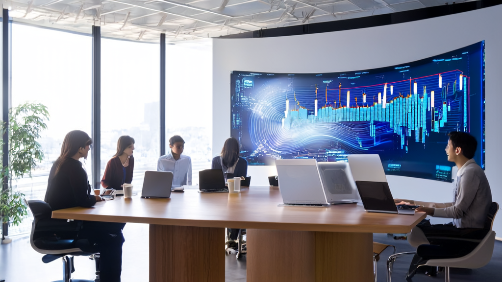 几位创业者在办公室讨论AI客户预测模型，背景是繁忙的城市景象