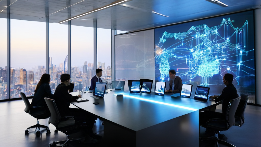 数据科学家和营销专家在现代化办公室中讨论AI客户预测模型，利用Poe AI群聊功能提升客户筛选精准度。