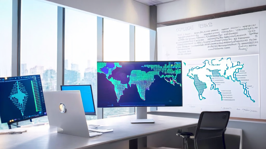 外贸企业的办公室内展示着AI客户预测模型的应用场景，背景为城市风景和全球地图，突显全球化视野。