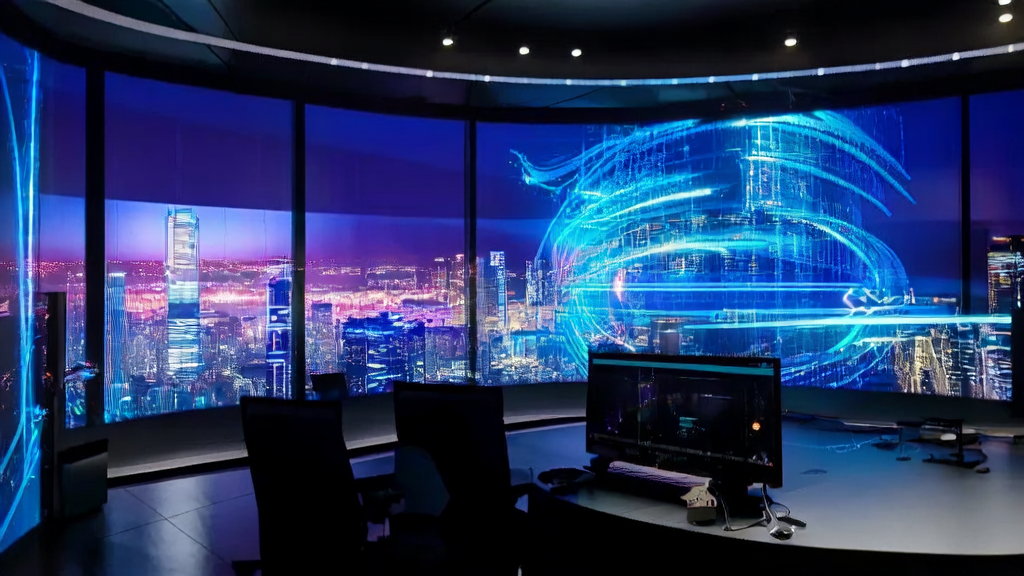 A futuristic office scene utilizing AI customer prediction models for hyper-personalized email marketing