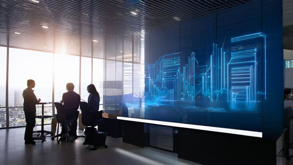 AI customer prediction model assisting businesses in a sunlit modern office to precisely screen high-quality customers and reduce wasted investment