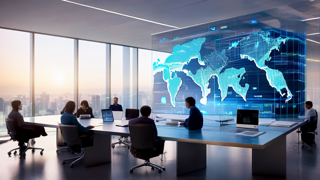 AI客户预测模型在现代化办公室中的应用场景，员工们正在讨论如何精准筛选优质客户并减少无效投入。