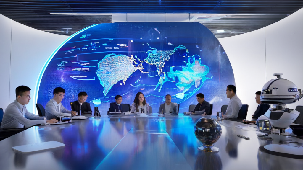 未来科技办公室中,分析师们使用AI客户预测模型进行个性化邮件营销,通过智能机器人助手和全息投影仪展示数据和模型。