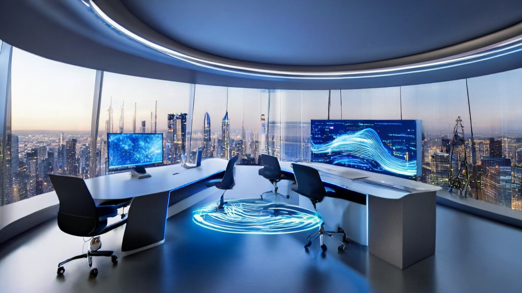 A futuristic office showcasing AI customer prediction model and personalized email generator