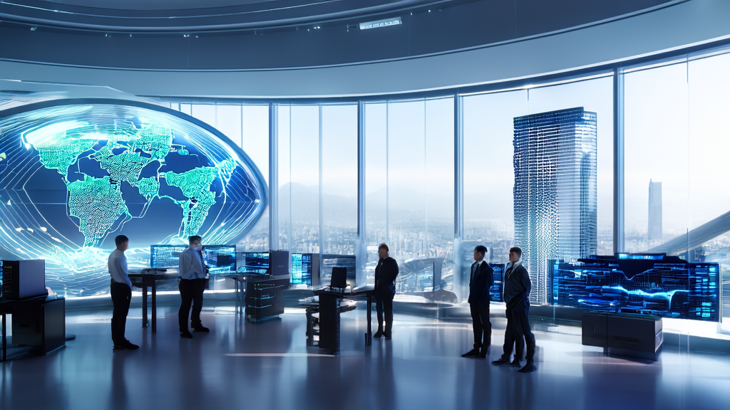 In this image, young analysts use an AI customer prediction model to analyze data, precisely target high-value customers, and minimize wasted marketing efforts, with a backdrop of a bustling city skyline and advanced office equipment.